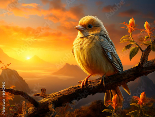 Beautiful bird on a branch at sunset with a wonderful view