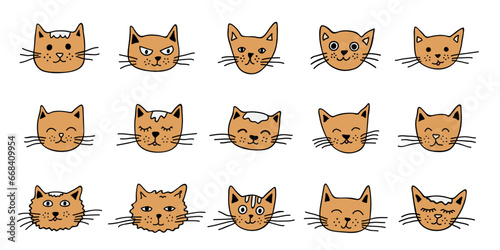 Hand drawn cat muzzle clipart. Cute pet face doodle set