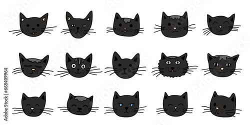 Hand drawn cat muzzle clipart. Cute pet face doodle set
