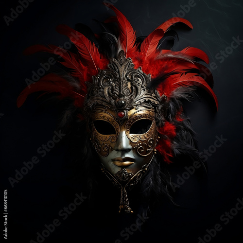 Elegant Venetian Mask with Red Feathers - A Captivating Image Perfect for Costume Design Inspiration, Carnival Event Promotions, and Historical Drama Productions © Jose
