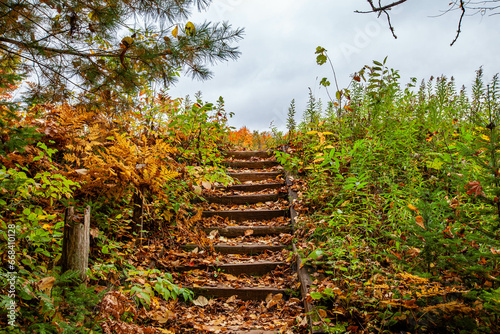 Old wooden steps on a foot path in Lake of the Falls County Park in Mercer, Wisconsin
