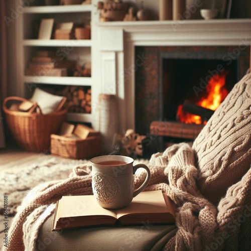 A warm cup of tea rests on a chair, next to a wool blanket, in a cozy room with a fireplace. It's a cozy winter day