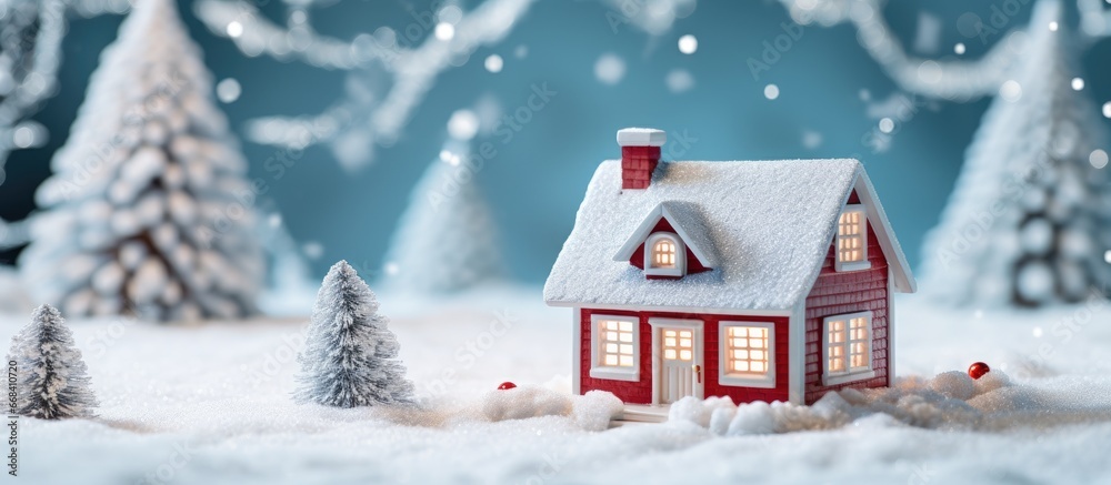 Tiny toy house in a snowy Christmas tale Holiday card