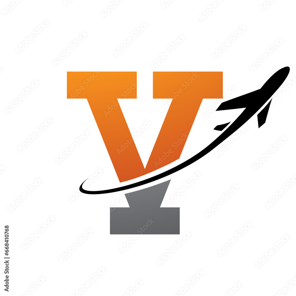Orange and Black Antique Letter V Icon with an Airplane Orange and Black Antique Letter V Icon with an Airplane