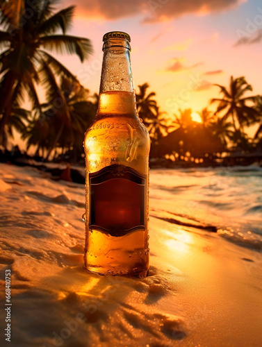 Cold beer on the sand of a beach in the Caribbean with a beautiful sunset and blue sea