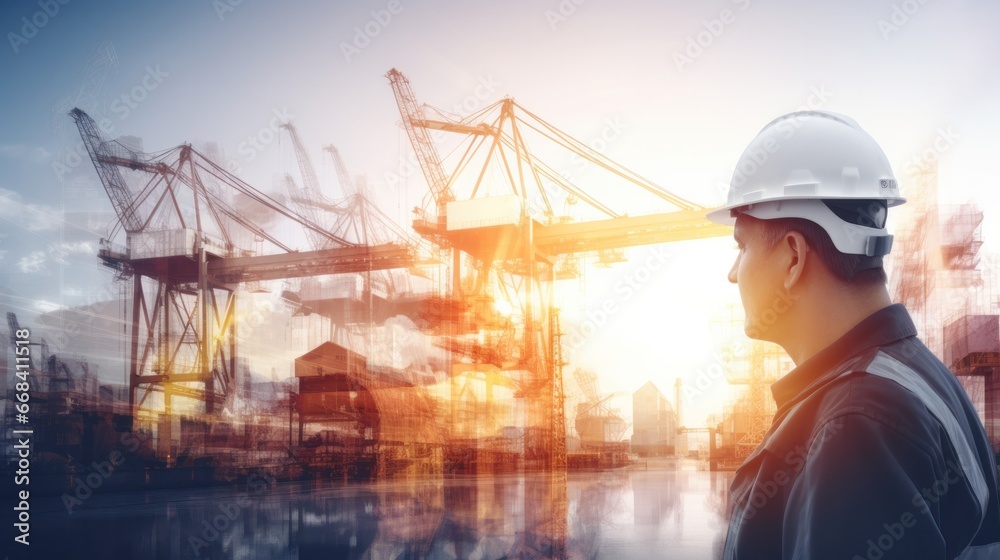 Double exposure photography of engineer man and the business Logistics and transportation of Container Cargo ship and Cargo plane with working crane bridge Double exposure photography of engineer man and the business Logistics and transportation of Container Cargo ship and Cargo plane with working crane bridge