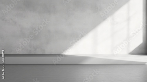 abstract. minimalistic background for product presentation. walls in  large empty room greyish white. can full of sunlight. Loft wall or minimalist wall. Shadow, light from windows to plaster wall © pinkrabbit