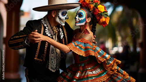 Happy couple dancing smiling with colorful clothes and painted skull face on Dia de Los Muertos