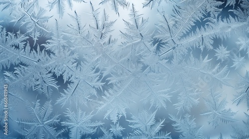 Intricate frost designs on a window screen in winter.