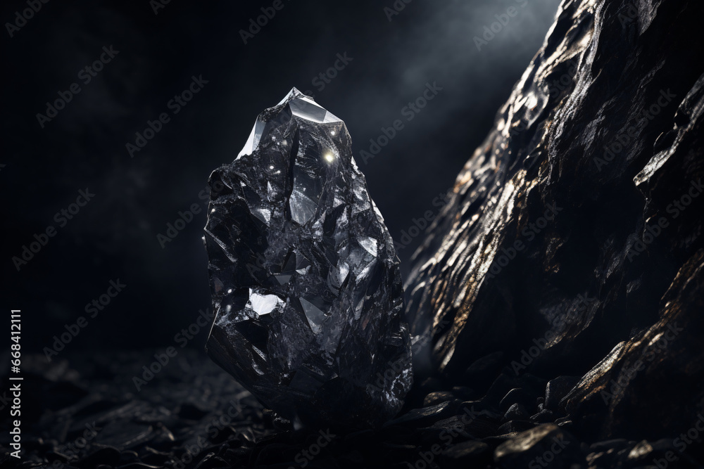 Beauty and Contrast  Diamond Glistening Amidst a Backdrop of Raw Black Coal