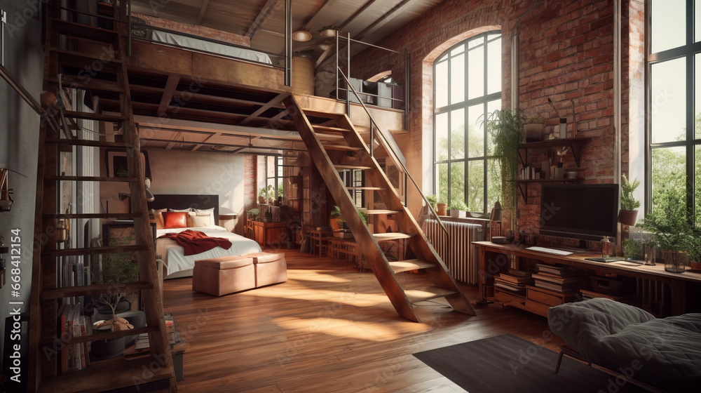 Room in loft style. Living room loft in industrial style, 3d render. Real estate concept.