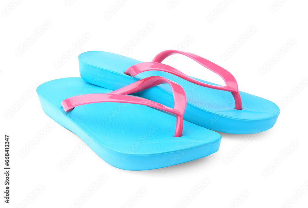 Stylish light blue flip flops isolated on white Stylish light blue flip flops isolated on white