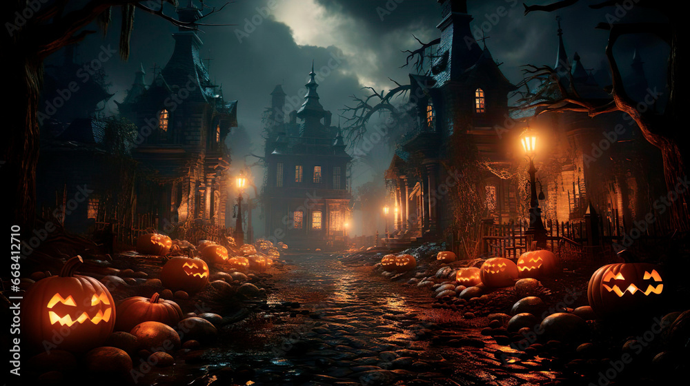 A scary city with pumpkins on Halloween - obrazy, fototapety, plakaty 