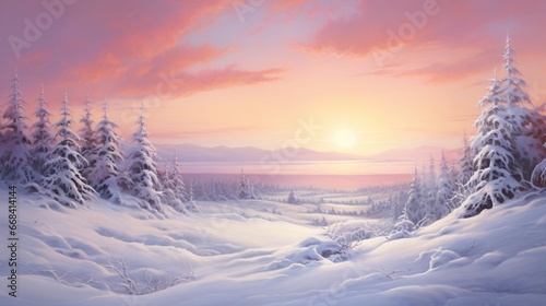 Soft, pastel hues of a winter sunrise over a serene, snow-blanketed landscape.