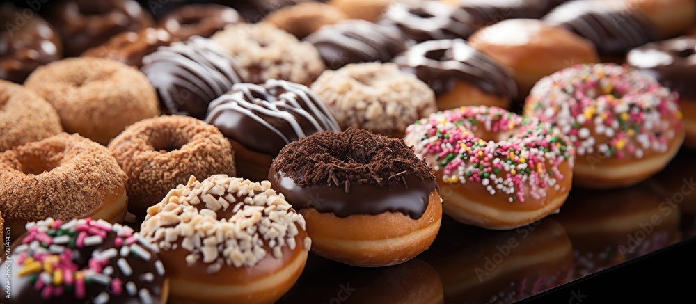 Fresh bakery products including donuts captured in a close up shot at a bakery shop Fresh bakery products including donuts captured in a close up shot at a bakery shop