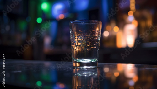 Nightclub bar drink, glass, cocktail, nightlife, reflection, table, whiskey generated by AI