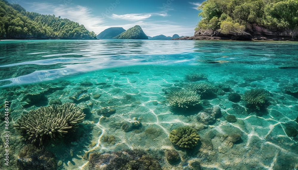 Underwater reef, blue water, tropical fish, summer vacations, beautiful landscape generated by AI