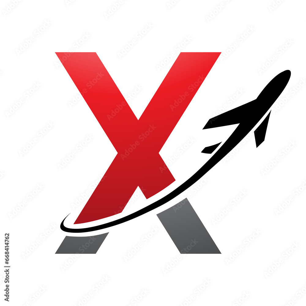 Red and Black Uppercase Letter X Icon with an Airplane Red and Black Uppercase Letter X Icon with an Airplane