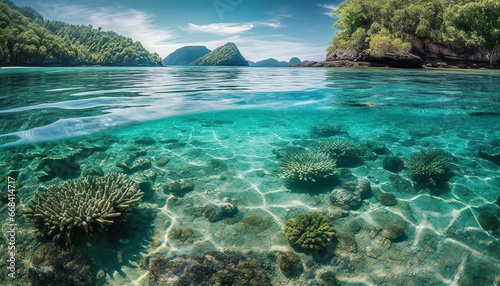 Underwater reef, blue water, tropical fish, summer vacations, beautiful landscape generated by AI