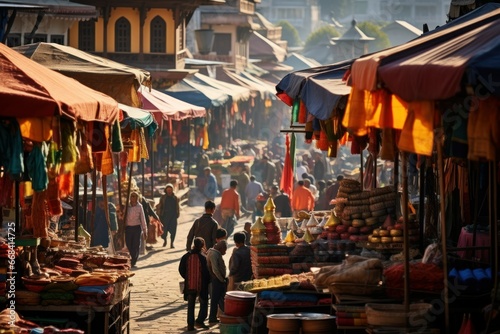 A bustling bazaar with colorful tents selling spices, textiles, and trinkets.