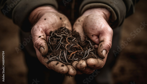 Men and women working together, planting seedlings in rough dirt generated by AI