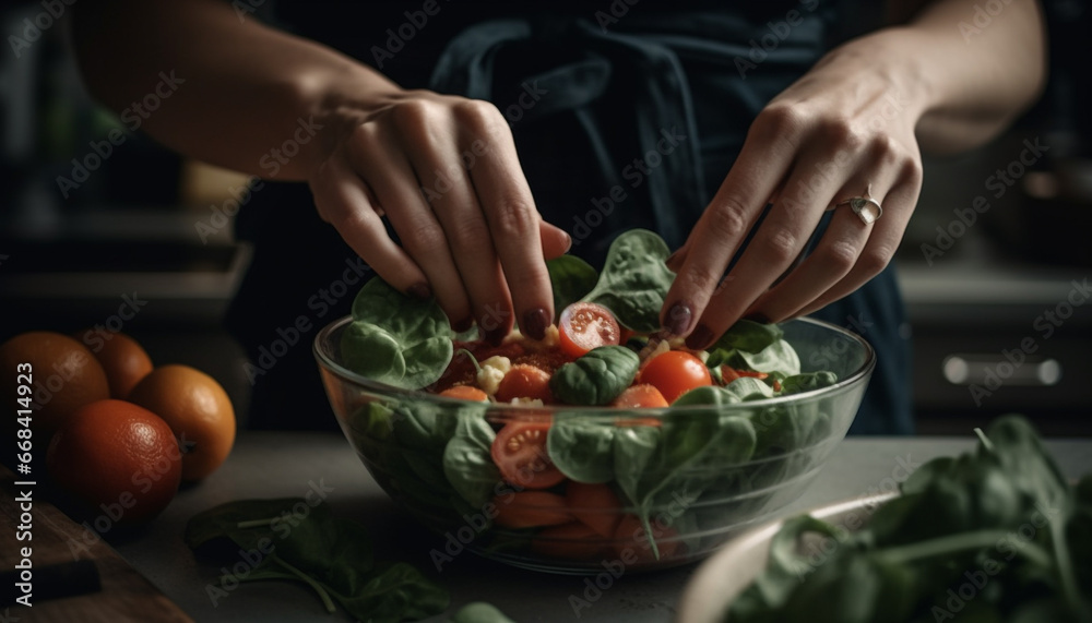 Fresh vegetarian salad bowl with cherry tomatoes and leafy greens generated by AI Fresh vegetarian salad bowl with cherry tomatoes and leafy greens generated by AI