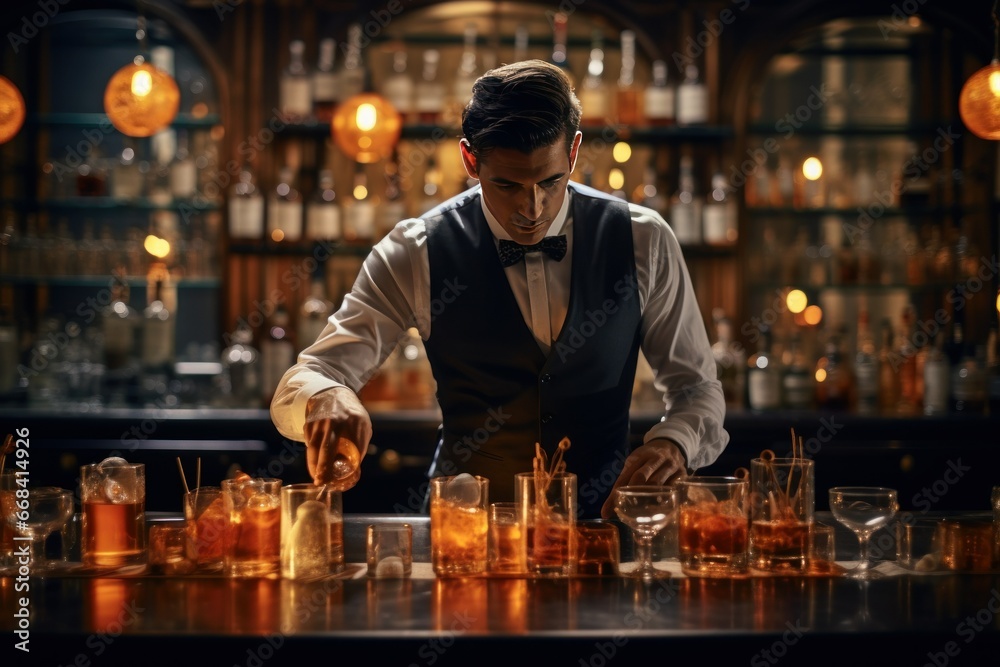 A bartender skillfully mixing cocktails at a stylish bar.