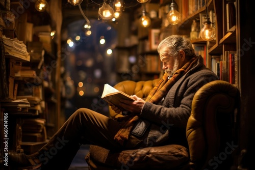 A bookshop owner engrossed in reading a classic in his cozy nook.