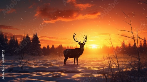 The silhouette of a deer standing in a field  framed by the radiant colors of the setting sun and surrounded by a snowy landscape.