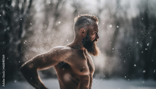 One shirtless man, strong and wet, standing in the snow generated by AI