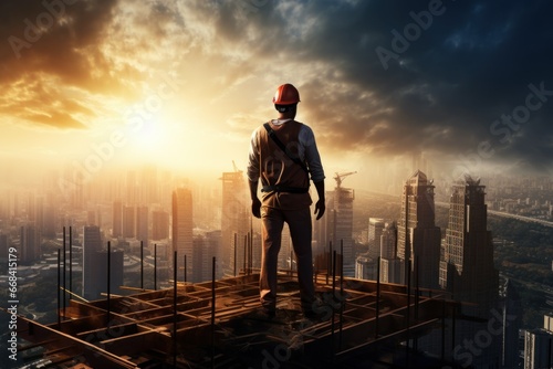 A construction worker on a high-rise building site  overseeing the project.