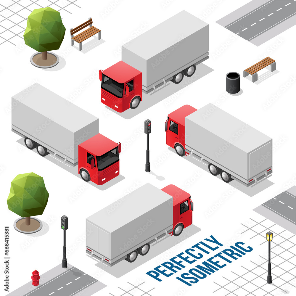 Red Isometric Big Truck from the Front Back Right and Left Views Red Isometric Big Truck from the Front Back Right and Left Views