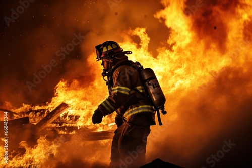 A firefighter battling flames during a challenging rescue operation.