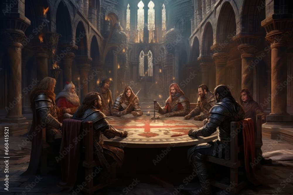 A group of knights gathered around a round table in a castle.
