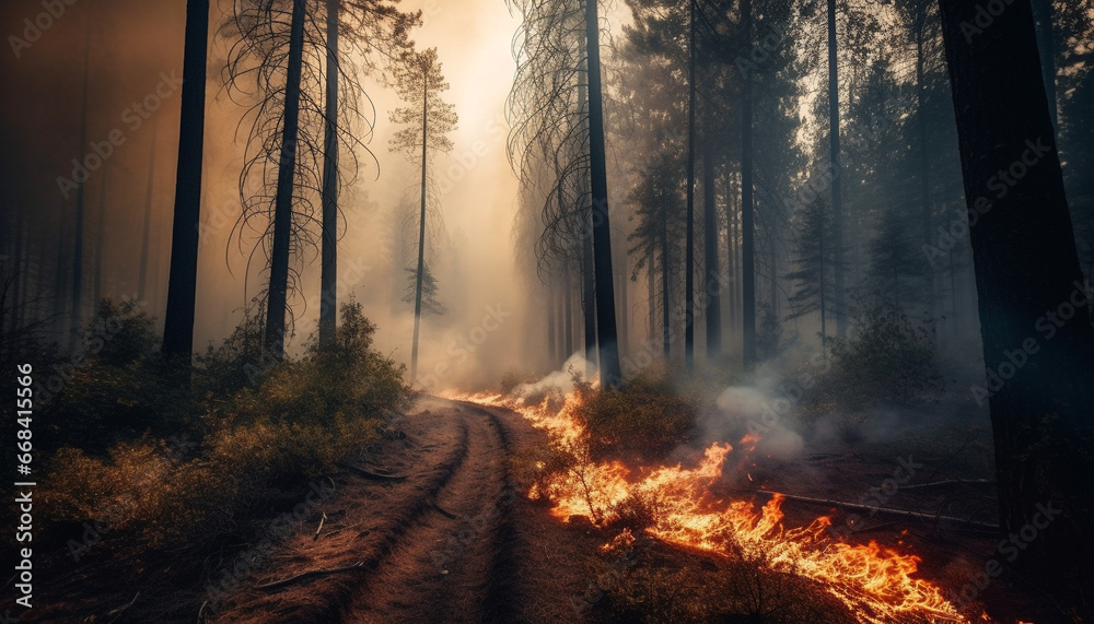 Mystery burning in spooky forest, damaged trees, wet with smoke generated by AI