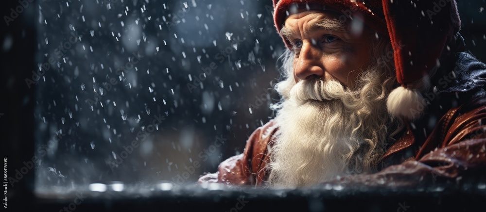 Santa Claus figure against a wet window backdrop