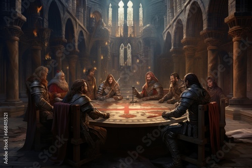 A group of knights gathered around a round table in a castle. photo
