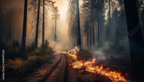 Mystery burning in spooky forest, damaged trees, wet with smoke generated by AI © Stockgiu