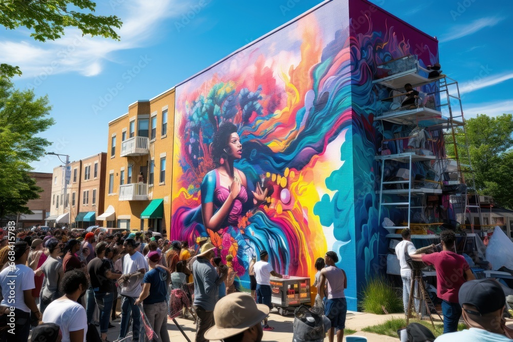 A muralist painting vibrant strokes on a city wall, drawing a crowd.