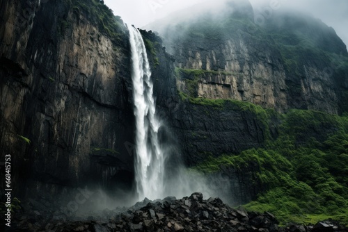 A monsoon-fed waterfall cascading down a rocky cliffside.