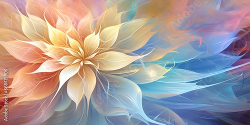 Ethereal Fractal Blossom: An intricate fractal pattern resembling the delicate petals of a blossoming flower, featuring a symphony of pastel and metallic colors, imparting a sense of otherworldly