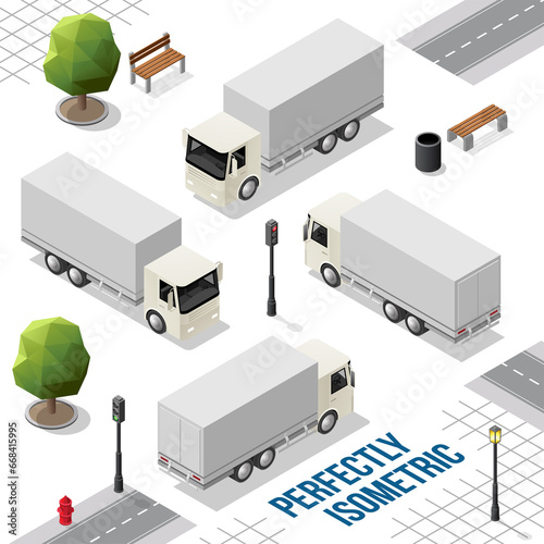 White Isometric Big Truck from the Front Back Right and Left Views