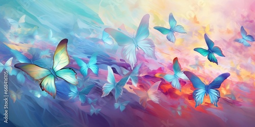 Prismatic Butterfly Dreams: An abstract representation of prismatic butterflies in flight, forming intricate patterns in a soft, pastel palette, conveying a sense of beauty, transformation, and grace 