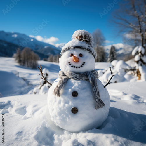 A snowman stands on a snowfield the snowfield 
