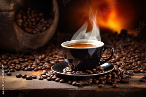 A steaming cup of coffee next to roasted coffee beans.
