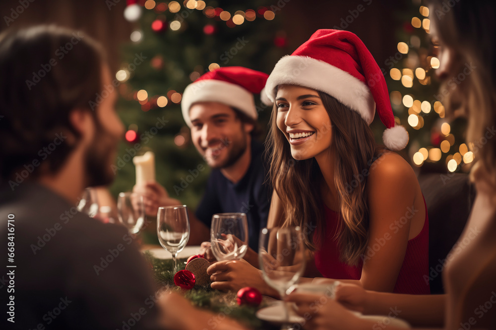 Young woman at a Christmas dinner party wearing Santa hats Young woman at a Christmas dinner party wearing Santa hats