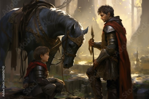 A young squire assisting a knight in preparing for battle.