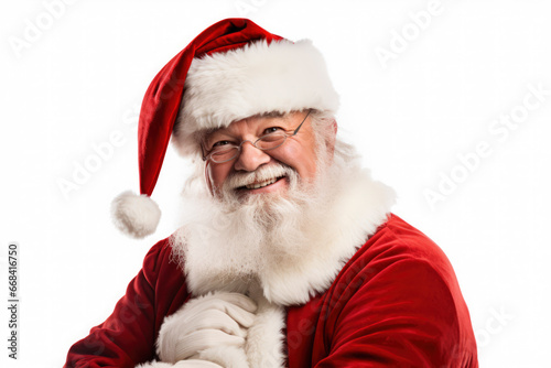 Santa Claus in his red suit taking on a white background at Christmas