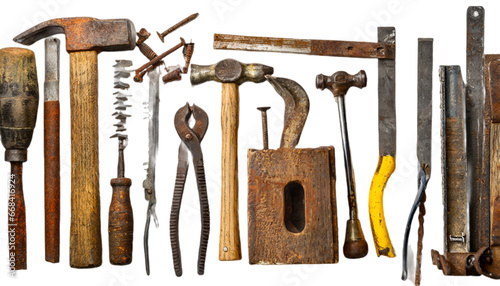 Father's day  design tools, hammer, chisel, screwdriver, grippers, awl, wooden ruler and rusty nails, isolated over a transparent background, craft 
