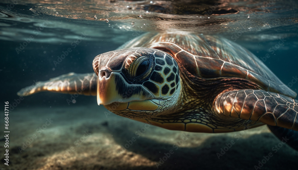 Fototapeta premium A large sea turtle swimming underwater in the tropical reef generated by AI